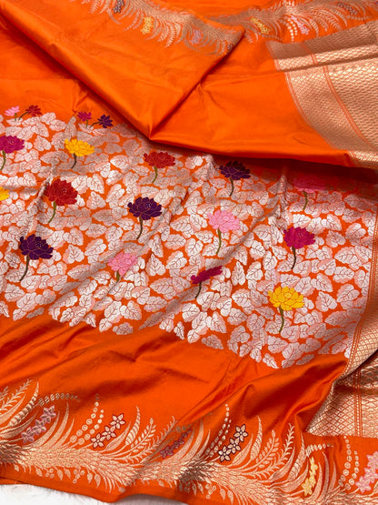 Orange Pure Mulberry Katan Silk Handwoven Banarasi Saree