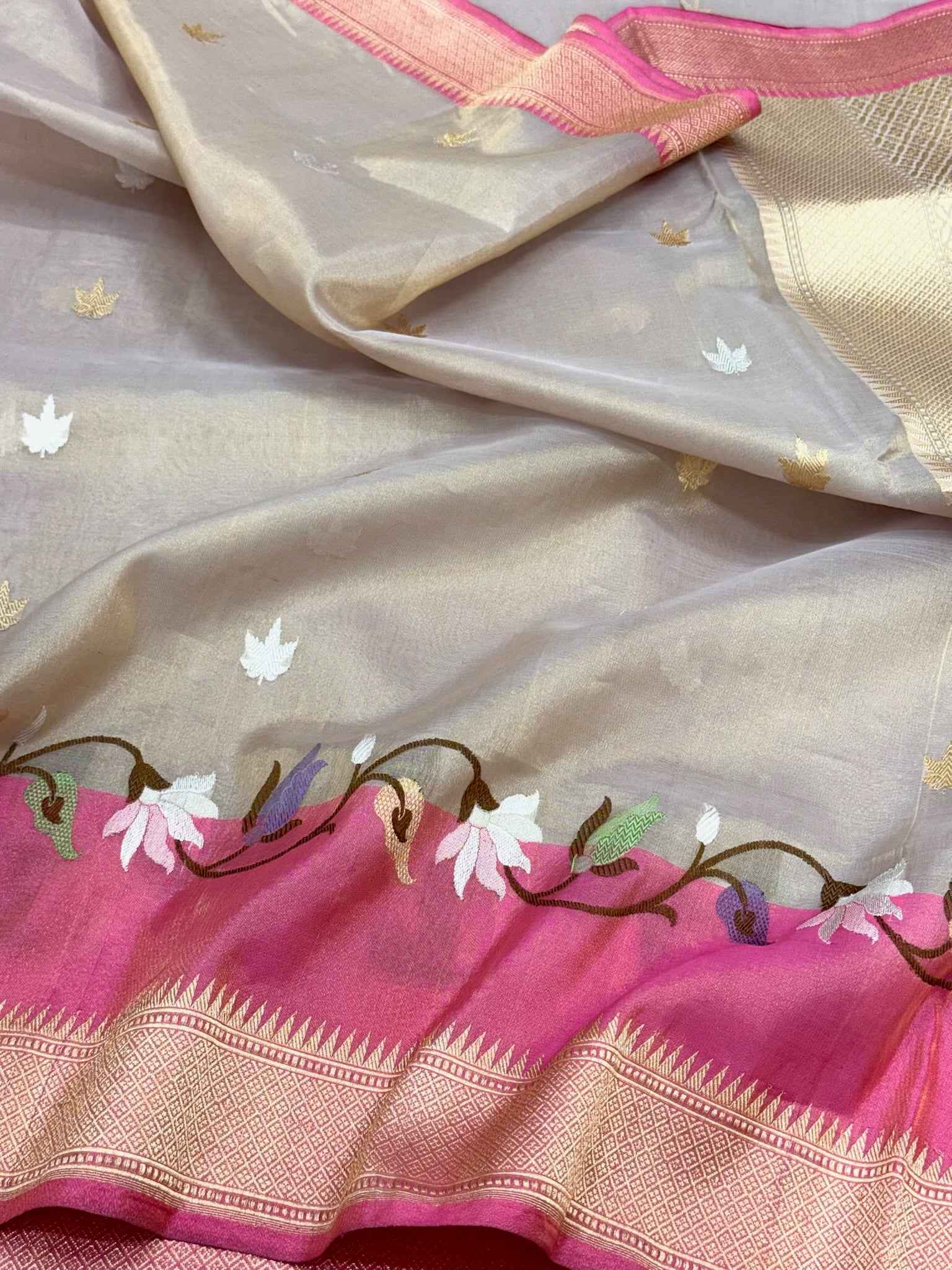 Beige Modern Banarasi Saree | Pure Kora Silk & Tissue Silk Handwoven | Kadhwa Technique | Authentic Banarasi Saree