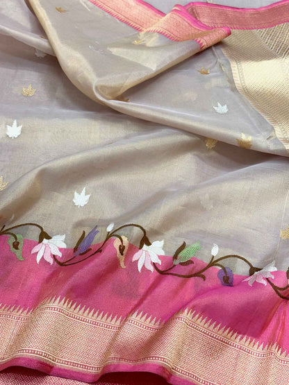 Beige Modern Banarasi Saree | Pure Kora Silk & Tissue Silk Handwoven | Kadhwa Technique | Authentic Banarasi Saree