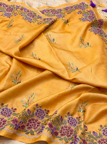 Mustard Yellow Pure Tussar Silk Handloom Printed with Embroidery Banarasi Saree - Soft Lightweight Banarasi Saree