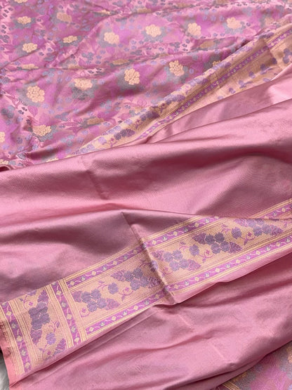 Baby Pink Pure Mashru Satin Silk Handwoven Banarasi Saree- Tanchoi