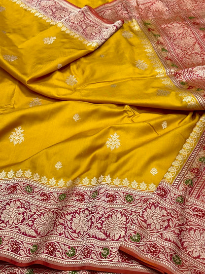 Mustard Yellow Pure Katan Mulberry Silk | Kadhwa + Kadhiyal Technique | Authentic Banarasi Handwoven Saree