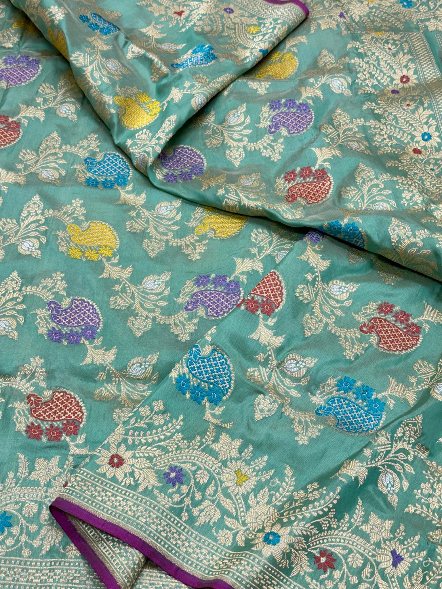 Sea Green Pure Katan Silk Handwoven Banarasi Saree |Kadhuwa Weave|