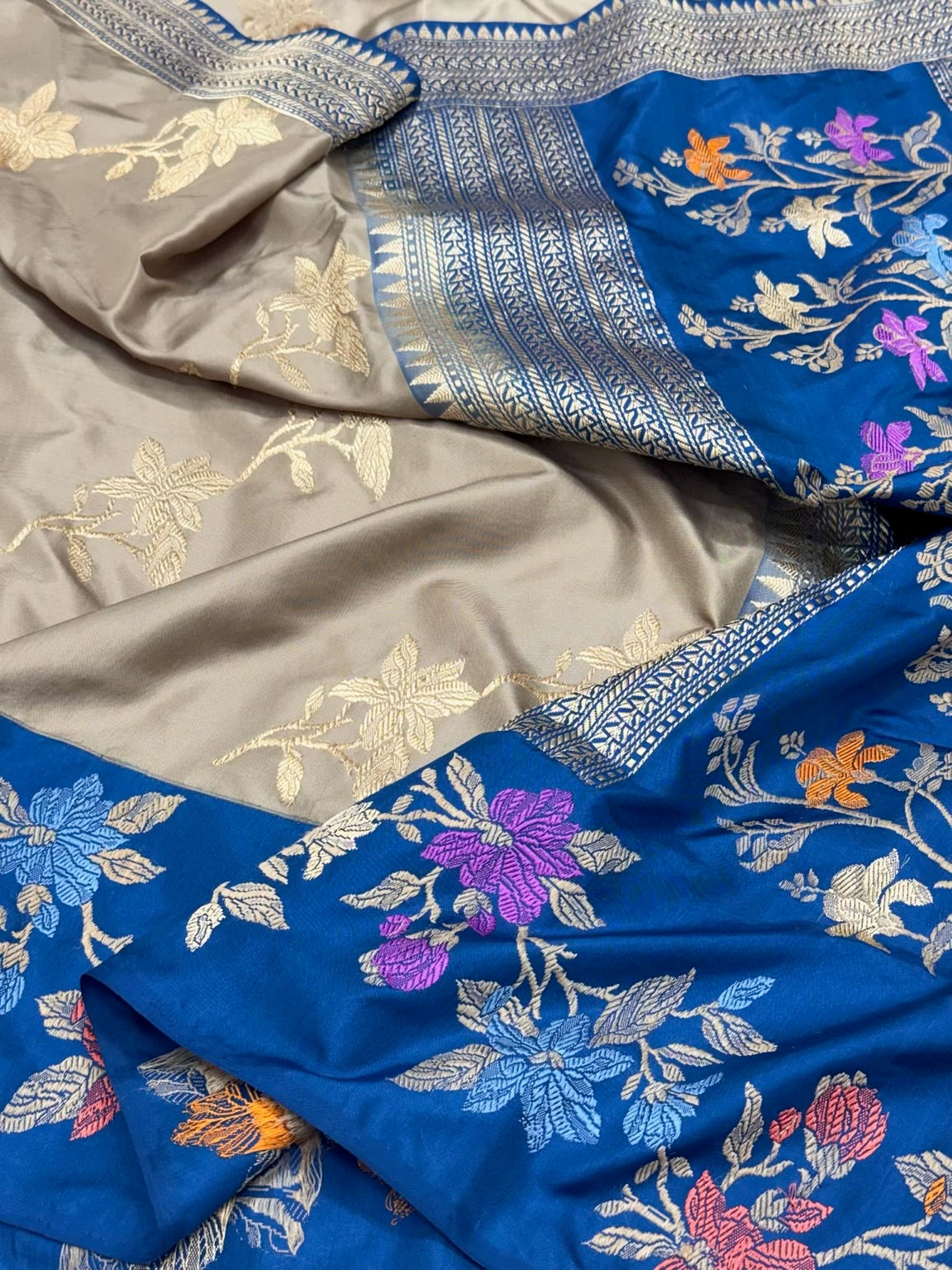 Beige Pure Katan Mulberry Silk saree | Kadhwa Ektara Weave | Banarasi Handwoven Modern Saree