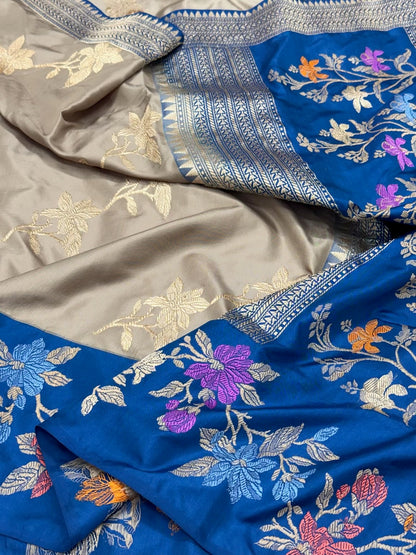 Beige Pure Katan Mulberry Silk saree | Kadhwa Ektara Weave | Banarasi Handwoven Modern Saree