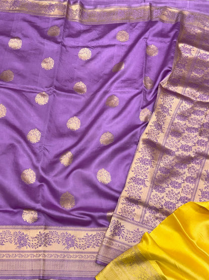 Lavender Pure Raw Mango Silk | Kadhwa Technique | Handwoven Banarasi Saree - Soft Drape Lightweight