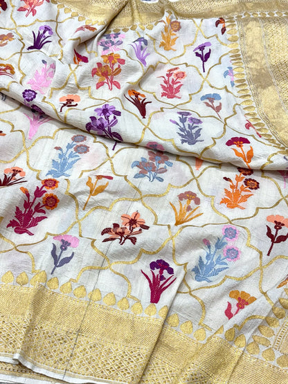 Ivory Pure Tussar Georgette Silk Kadhwa Technique Handwoven Banarasi Saree | Modern Banarasi Muse