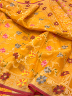 Orange Pure Kora Organza Silk Jamdani Handwoven Banarasi Saree