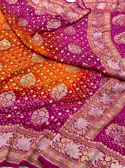 Pink/Orange Pure Chiffon Georgette Soft Drape Lightweight Saree | Handloom Banarasi Bandhej Saree