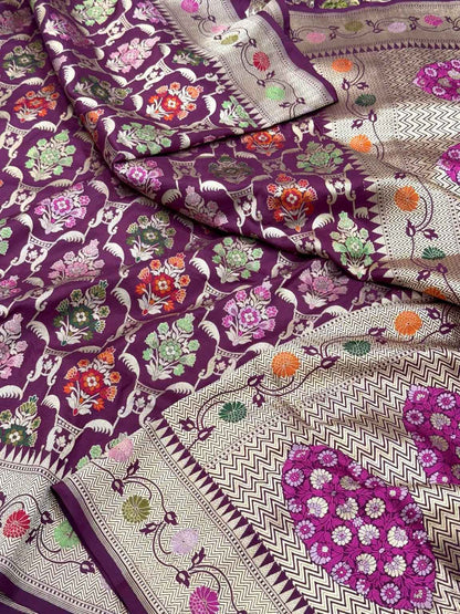 Wine Green Pure Katan Silk - Pure Mulberry Silk Handloom Banarasi Saree