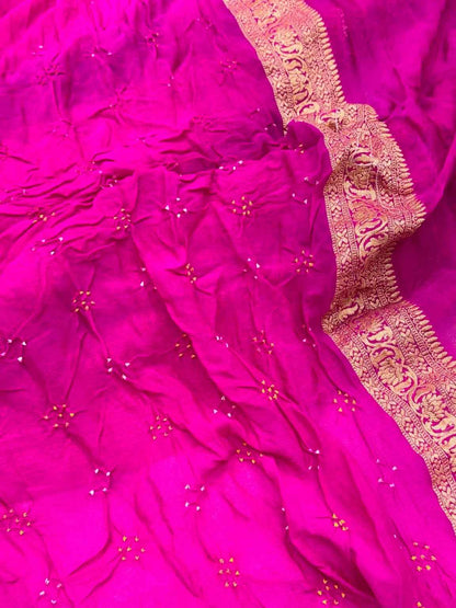 Rani Pink Pure Chiffon Georgette Soft Drape Lightweight Bandhej Saree | Handloom Banarasi Saree