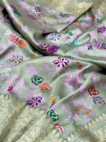 Light Sea Green Pure Katan Silk & Mulberry Silk Handwoven | Kadhwa Technique | Premium Luxury Banarasi Brocade Saree