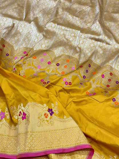 Mustard Yellow Pure Mulberry Katan Silk Handwoven Banarasi Saree - Authentic Kadhwa Technique Banarasi  BrocadeSaree