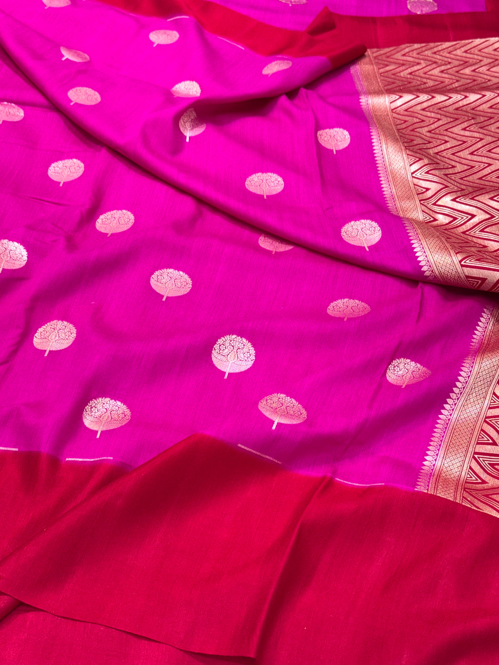 Hot Pink Pure Mulberry Muga And Satin Silk Banarasi Saree - Lightweight soft drape