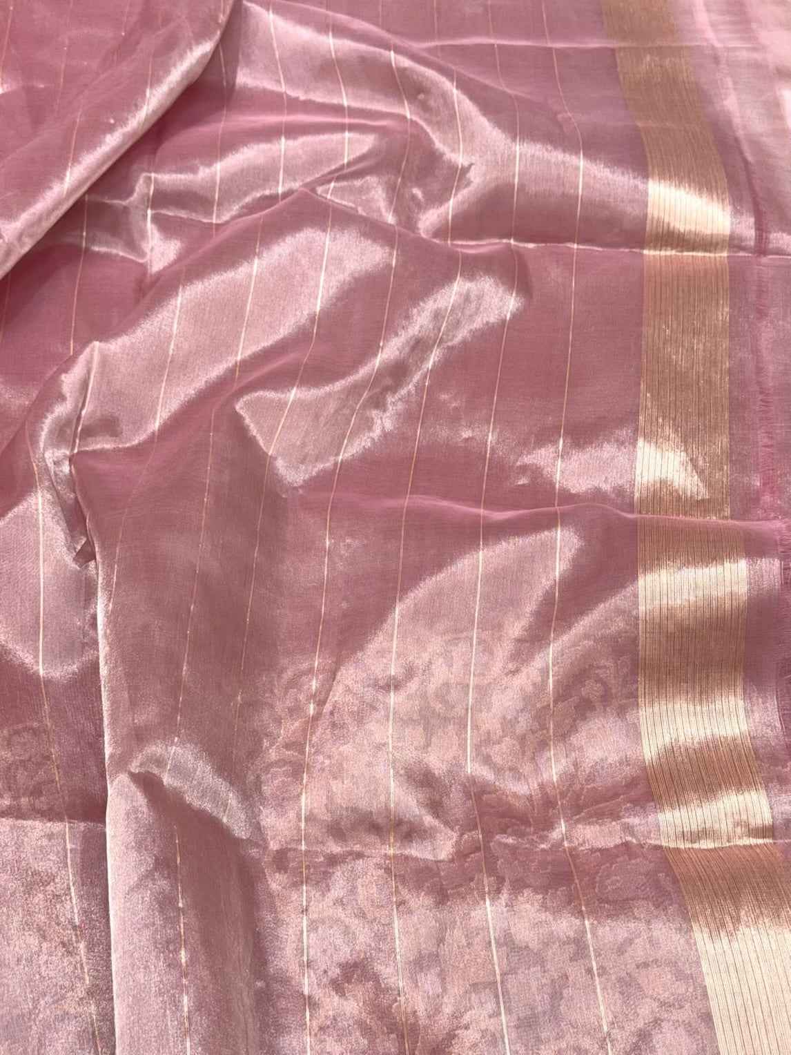 Rose Gold Pink Pure Tissue Silk Saree - 100% Pure Kora Silk | Kadhwa Weave | Handwoven Banarasi Silk Saree - Modern Contemporary Saree