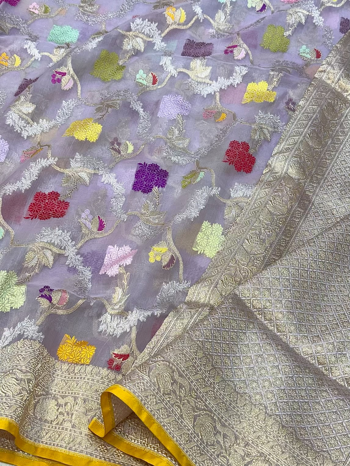 Lavender Pure Kora Silk Saree - Pure Mulberry Silk Handwoven Banarasi Silk Saree - Kadhwa Weave