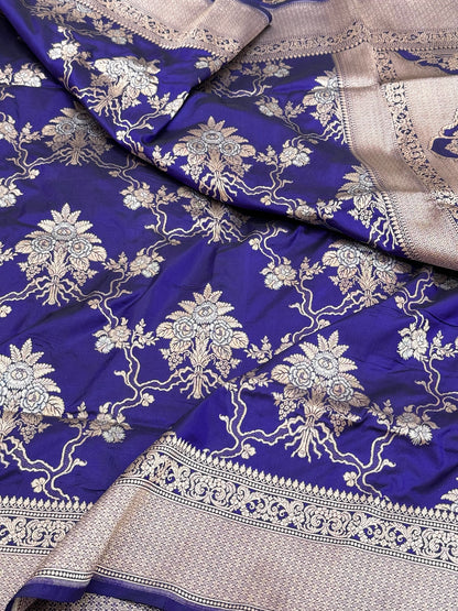 Blue Pure Mulberry Katan Silk Handloom Banarasi Saree