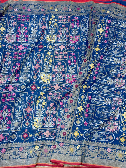 Blue Pure Muslin Cotton Jamdani Handloom Banarasi Ektara Weave Saree - Exclusive Modern Design