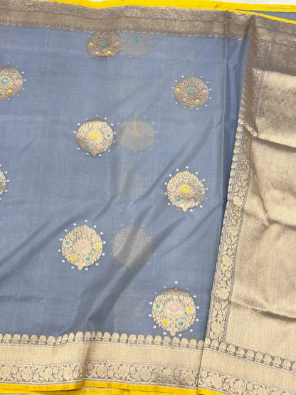Lilac Blue Pure Kora Mulberry Silk | Kadhwa Technique | Handwoven Lighweight Banarasi Modern Saree