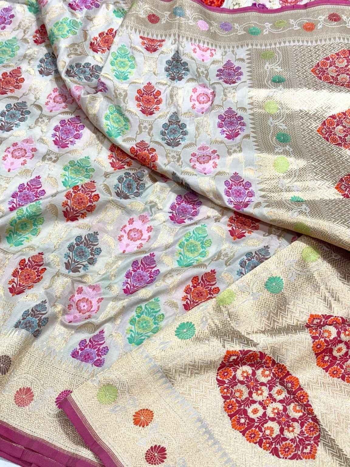 Ivory Pure Katan Silk - Pure Mulberry Silk Handloom Banarasi Saree