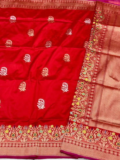 Red Pure Mulberry Silk & Pure Katan Silk | Kadhwa Weave | Handwoven Banarasi Saree