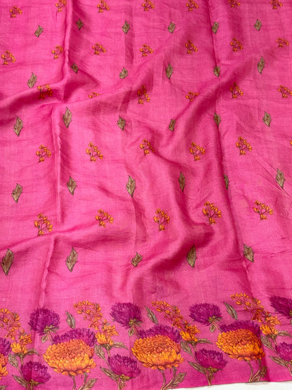 Pink Pure Tussar Silk Handloom Printed with Embroidery Banarasi Saree - Soft Lightweight Banarasi Saree