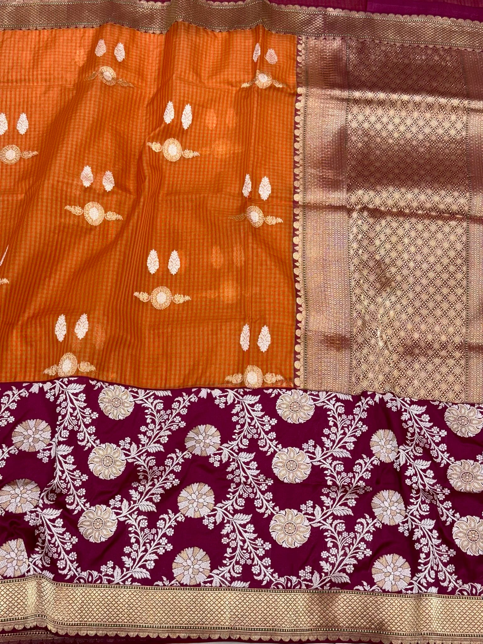 Rust Orange Pure Kora & Pure Katan Silk | Kadhwa + Kadhiyal Technique | Handwoven Exclusive Banarasi Saree
