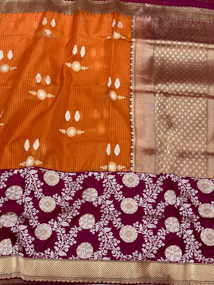 Rust Orange Pure Kora & Pure Katan Silk | Kadhwa + Kadhiyal Technique | Handwoven Exclusive Banarasi Saree