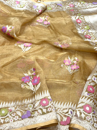 Molten Gold Pure Tissue Silk | Kadhwa Ektara Weave | Handwoven Banarasi Saree - Soft Drape Lightweight Saree