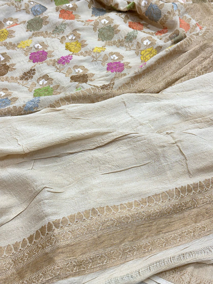 Ivory Pure Tussar Georgette Handwoven Banarasi Silk Saree