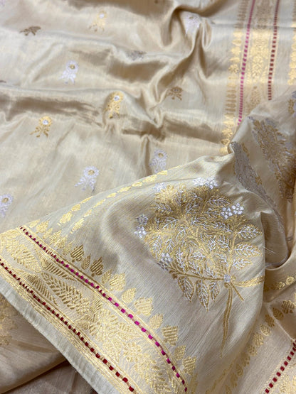 Ivory Pure Katan Tissue Silk Handwoven Banarasi Saree |Ektara Weave|