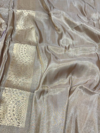 Beige Pure Double Katan Tissue Silk Handwoven Banarasi Silk Saree - Kadhwa Weave Tanchoi