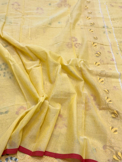 Pastel Yellow Pure Muslin Coton Jamdani Handloom Banarasi Saree - Lightweight Banarasi Ektara Weave Saree