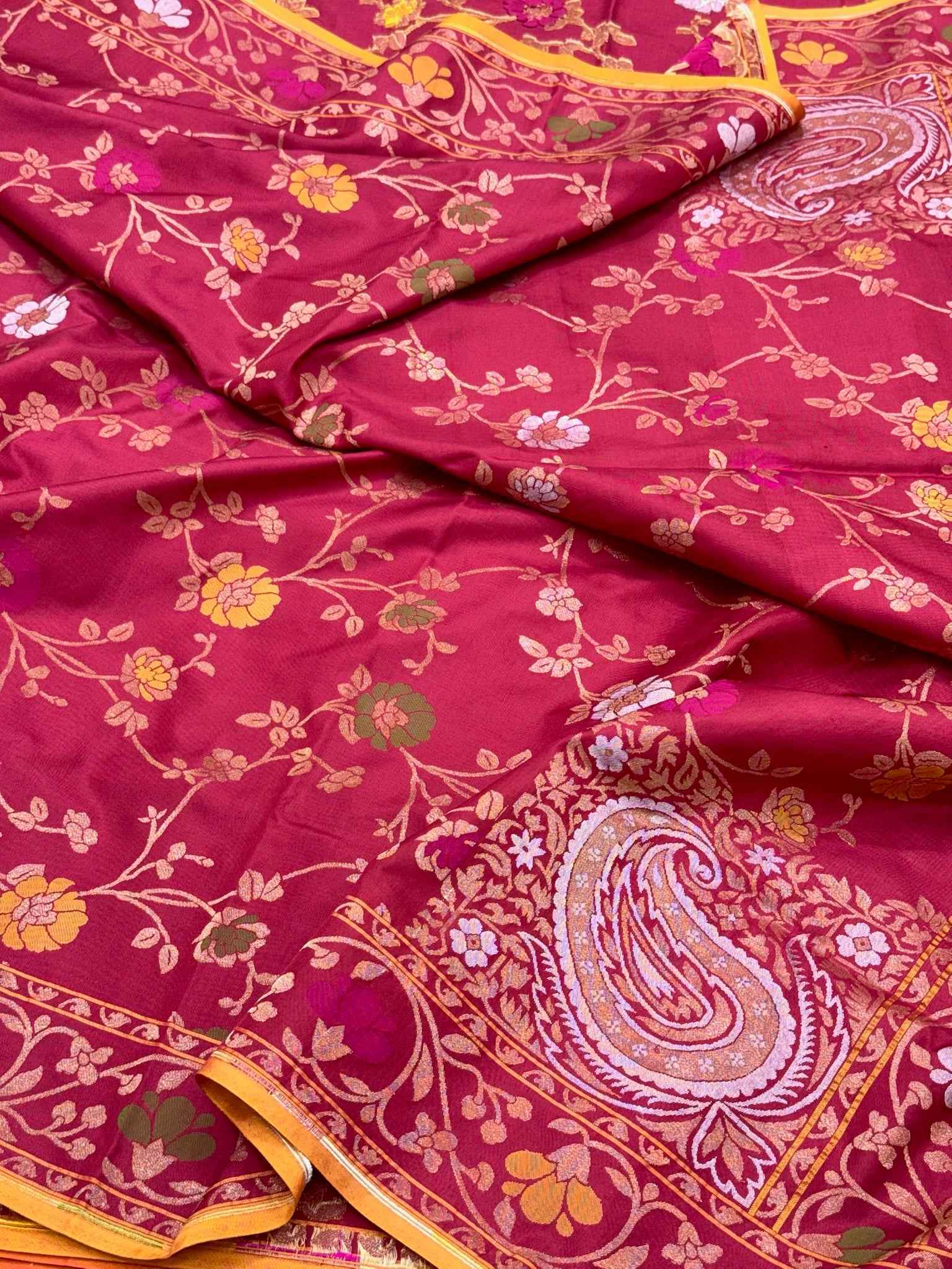Peach Pink Pure Double Katan Silk Jamdani Handloom Banarasi Saree With Ektara Technique
