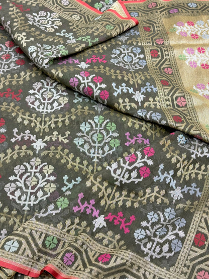 Moss Green Muslin Cotton Jamdani Ektara Weave Handloom Banarasi Saree