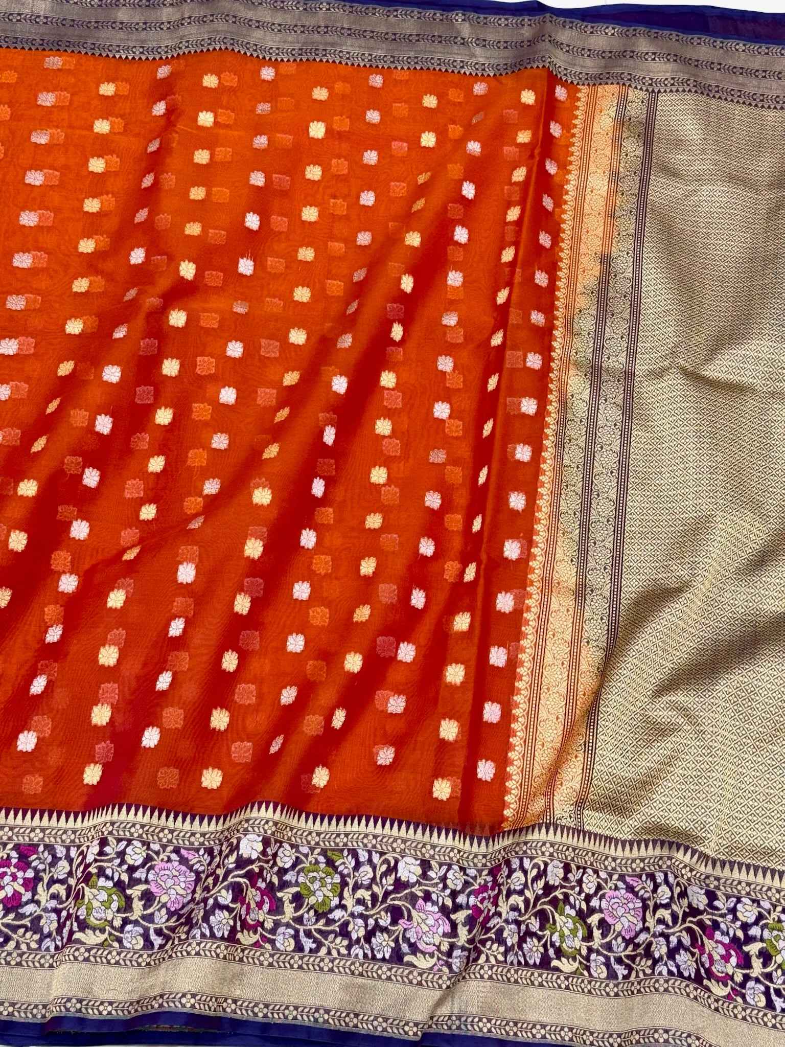 Rust Orange Pure Mulberry Kora Silk Handwoven Banarasi Saree - Skirt Border