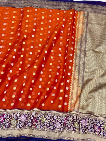 Rust Orange Pure Mulberry Kora Silk Handwoven Banarasi Saree - Skirt Border
