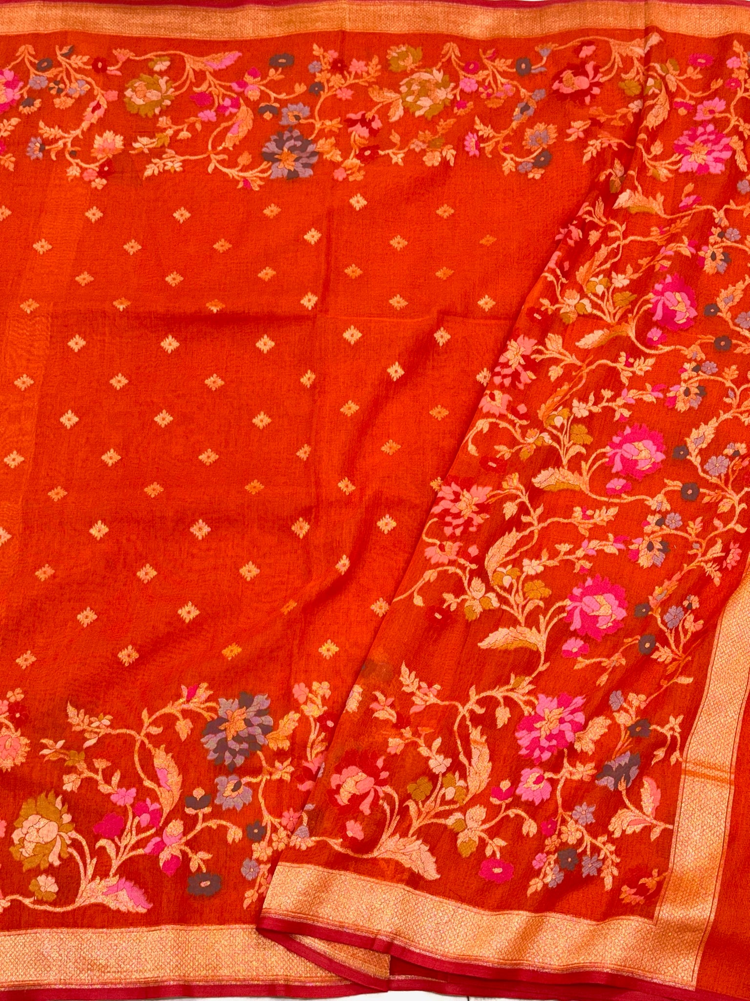 Orange Muslin Cotton Ektara Weave Handloom Jamdani Saree
