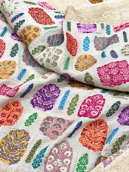 Ivory Pure Tussar Georgette Silk Banarasi | Kadhwa Weave | Handwoven Authentic Banarasi Saree