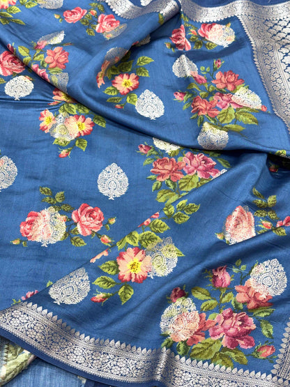 Matte Blue Pure Mulberry Chiniya Silk Lightweight Contemporary Saree