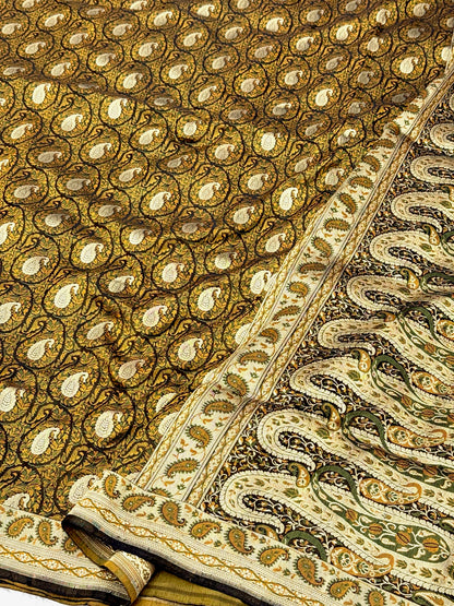 Brown Pure Satin Silk Handwoven Banarasi Saree |Tanchoi|