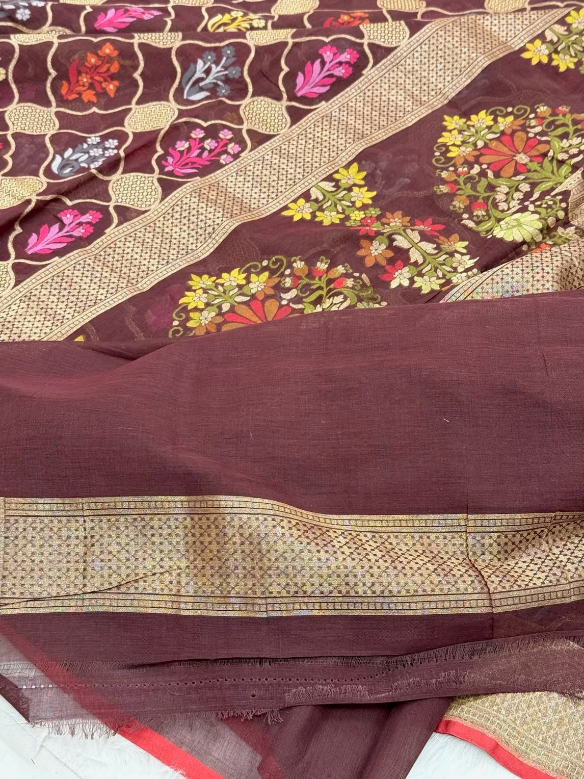 Brown Pure Muslin Cotton Jamdani Handloom Banarasi Saree |Ektara Weave|