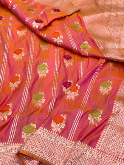 Orangish Pink Pure Mulberry Katan Silk Handloom Banarasi Saree