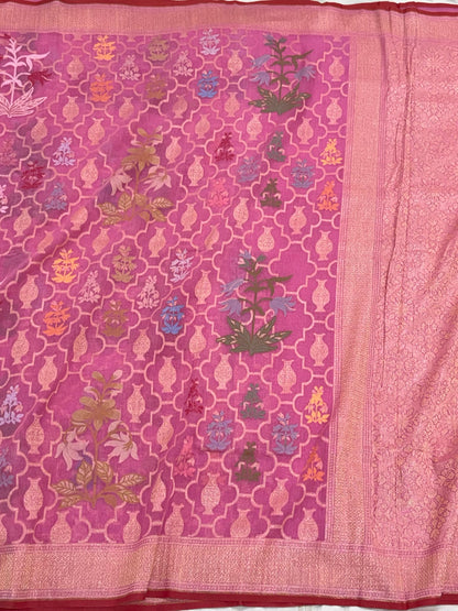 Pink Pure Muslin Cotton Jamdani | Ektara Technique | Handloom Banarasi Saree