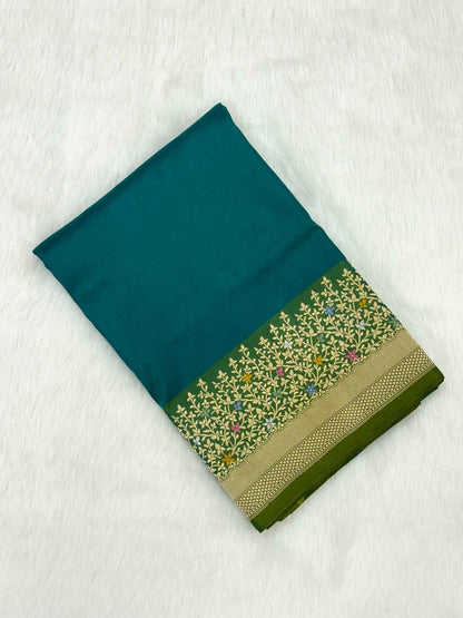 Teal Green Katan Silk Pure Handwoven Saree