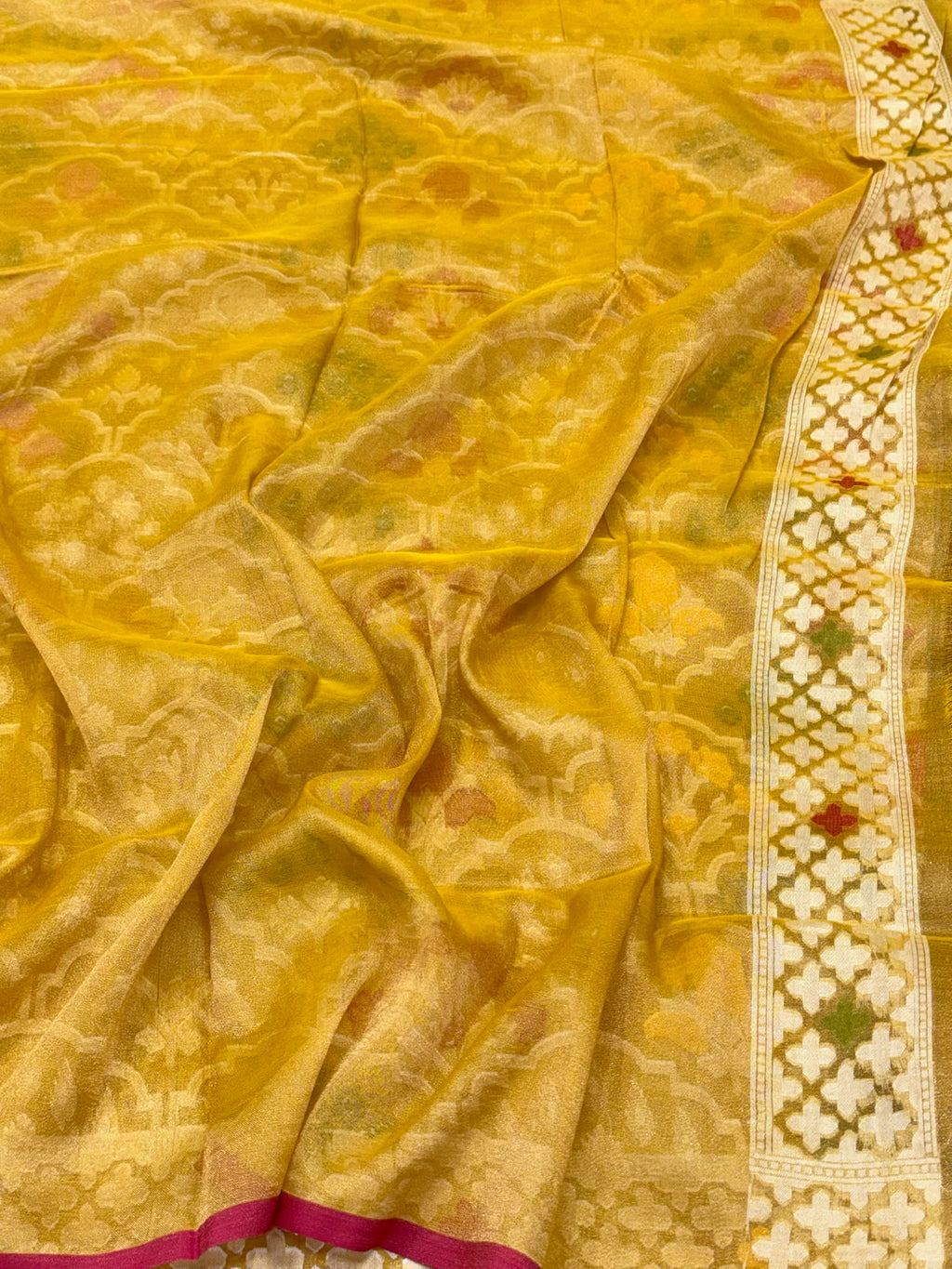 Mustard Yellow Pure Muslin Cotton Tissue Ektara Jamdani Handloom Banarasi Saree