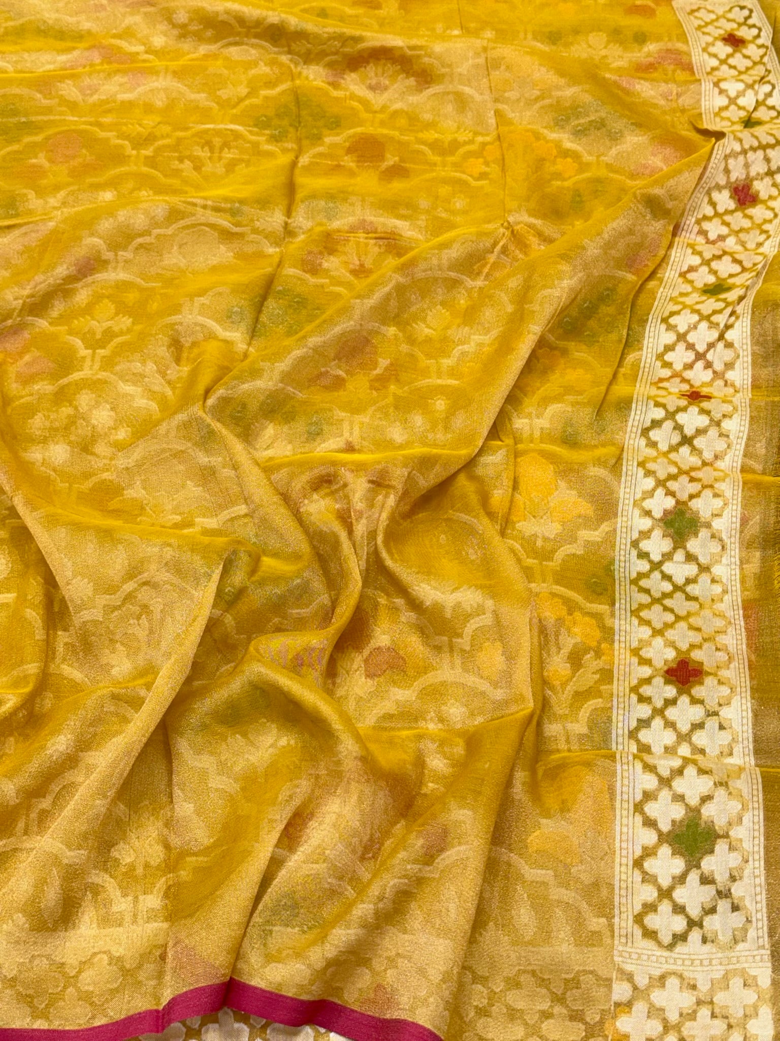 Mustard Yellow Pure Muslin Cotton Tissue Ektara Jamdani Handloom Banarasi Saree