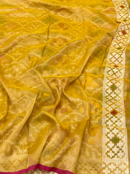 Mustard Yellow Pure Muslin Cotton Tissue Ektara Jamdani Handloom Banarasi Saree