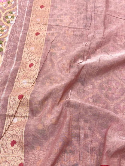 Mauve Pink Pure Muslin Cotton Jamdani Ektara Handloom Banarasi Saree