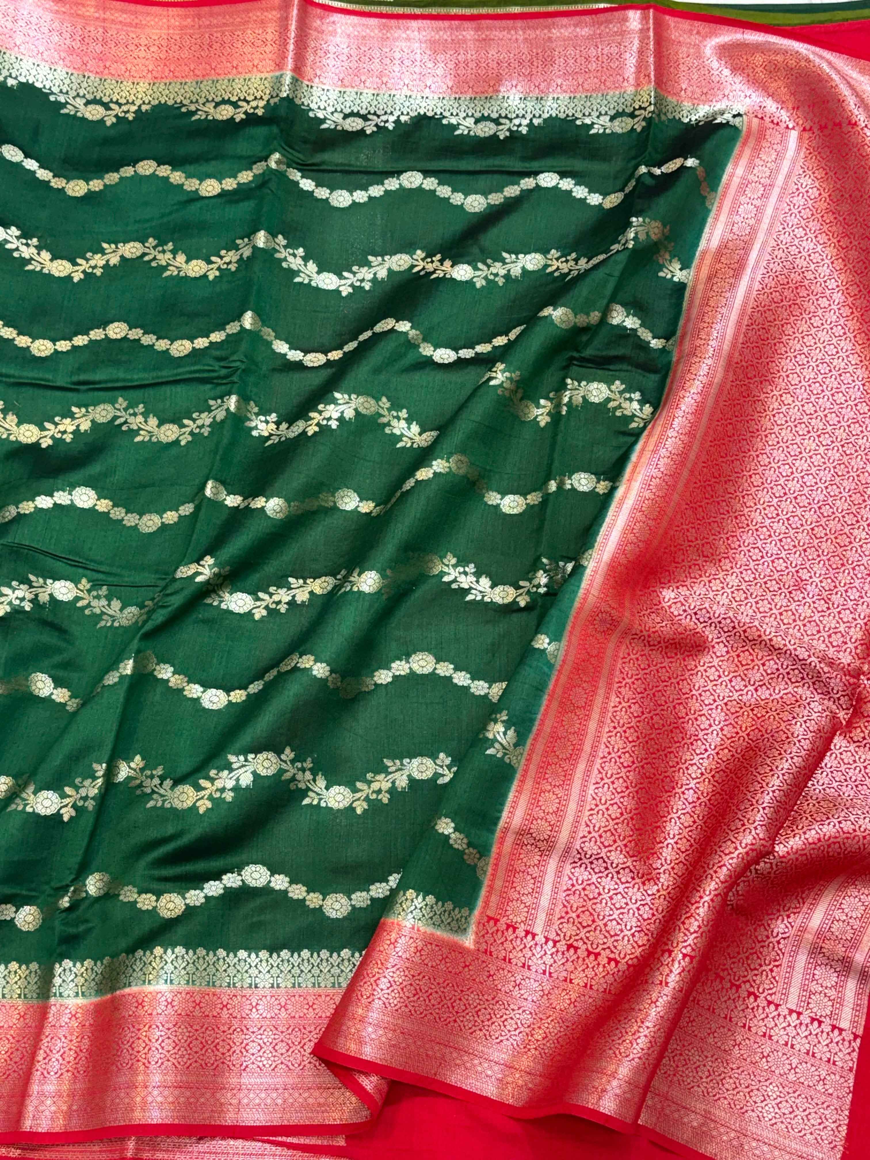 Bottle Green Pure Mulberry Chiniya Silk Lightweight Handloom Banarasi Saree